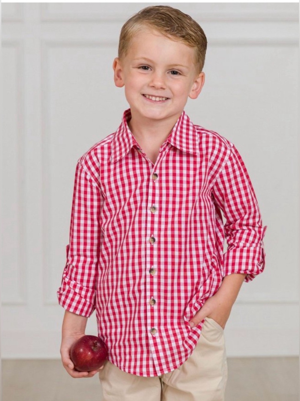 Cat & Jack Boys Red/White Gingham Button-Down Shirt Size 6/7